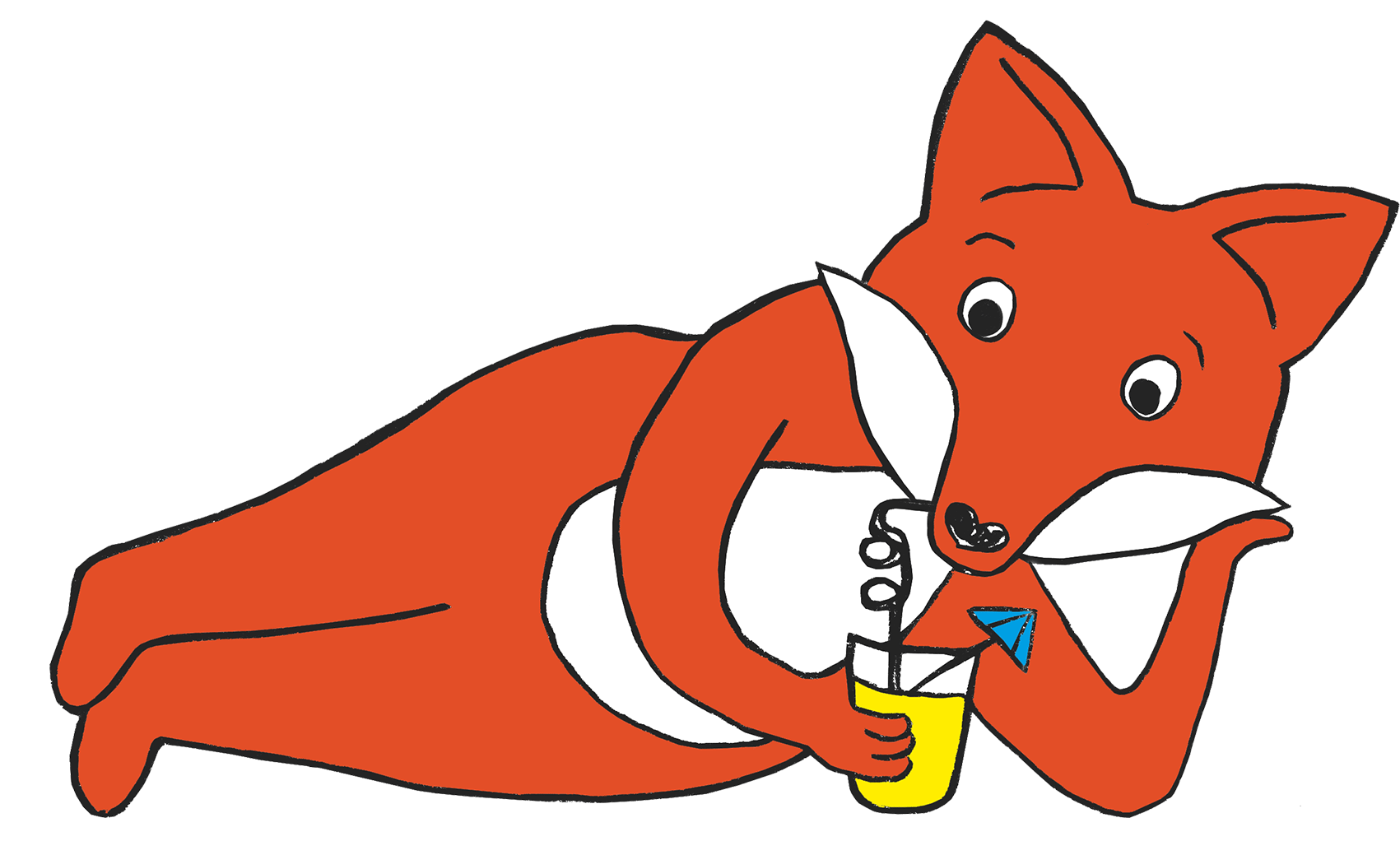 Comic-Fuchs liegend, trinkt mit Strohhalm aus Glas