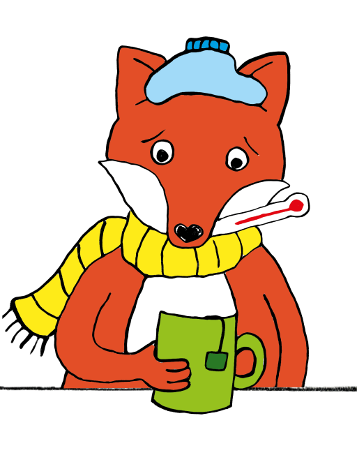 Kranker Comic-Fuchs mit Thermometer im Mund und Teetasse