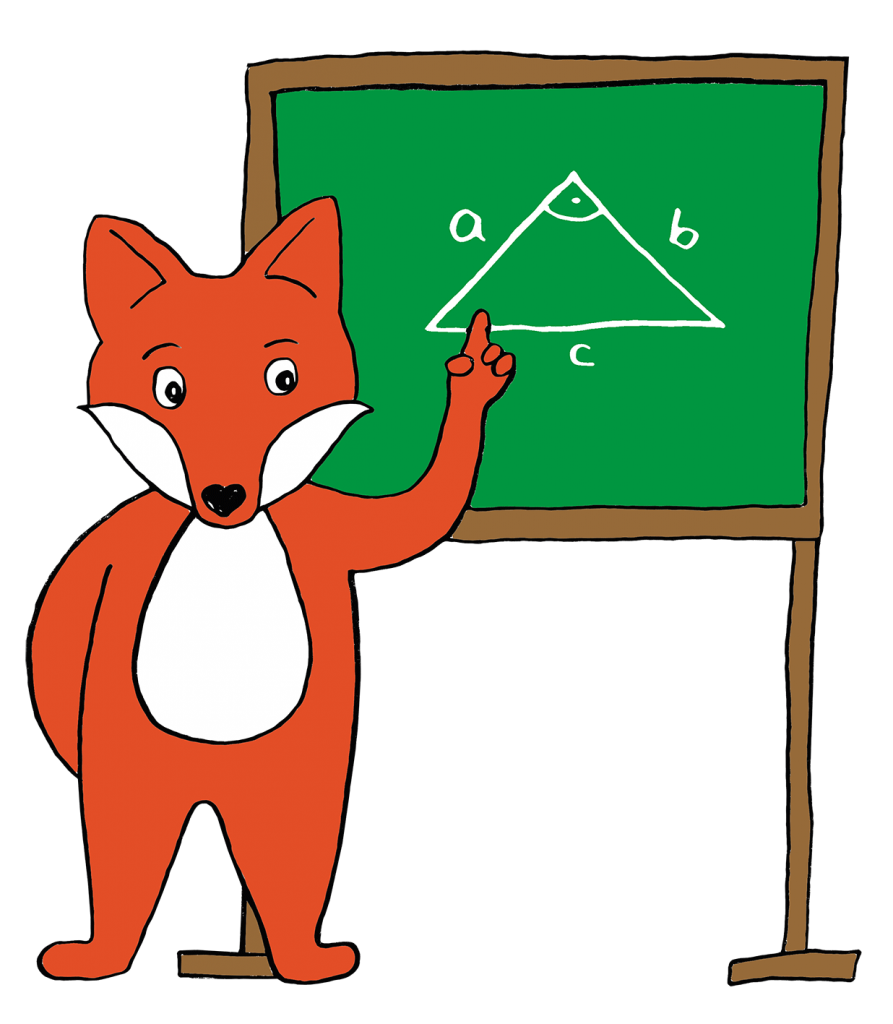 Comic-Fuchs vor Tafel mit aufgemaltem rechtwinkligem Dreieck